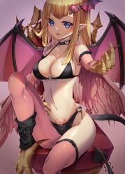 1girls asymmetrical_legwear bare_shoulders bird_legs blonde_hair blue_eyes blush breasts chair choker claws cleavage commentary_request demon_tail demon_wings detached_sleeves duel_monster feathered_wings feathers female female_only hair_ornament harpie_girl harpie_girl_(yu-gi-oh!) harpie_lady harpy heart heart_choker heart_hair_ornament heart_o-ring heart_ring_bottom heart_tattoo jyon104 long_hair looking_at_viewer midriff mismatched_legwear monster_girl multi_wing navel pantyhose pink_feathers pink_pantyhose pink_thighhighs pink_wings pubic_tattoo reaching reaching_towards_viewer sitting solo tail talons tattoo thighhighs tongue tongue_out winged_arms wings yu-gi-oh!