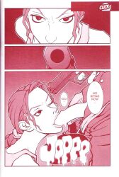 2001 accident_of_lara_croft blowjob busty comic dialogue fellatio female female_focus gun_to_head hourglass_figure koutarou lara_croft lara_croft_(classic) monochrome q-bit red_theme speech_bubble text tomb_raider wide_hips