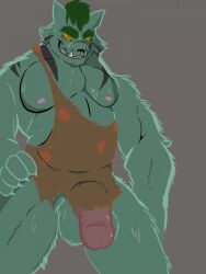 1boy anthro anthro_only balls big_penis bodily_fluids byakko_(yu_yu_hakusho) demon felid flaccid genitals hi_res human male male_only mammal maverickk_(artist) muscular muscular_male no_humans pantherine pecs penis solo sweat tiger yellow_sclera yu_yu_hakusho