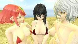 3d 3girls bikini bikini_bottom bikini_top black_hair blush breasts code_vein crossover embarrassed happy huge_breasts io_(code_vein) large_breasts pyra_(xenoblade) red_hair source_filmmaker tales_of_(series) tales_of_berseria velvet_crowe white_hair xenoblade_(series) xenoblade_chronicles_2