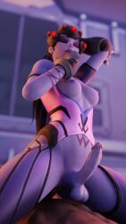 1boy 1futa 3d anal anal_sex balls bandoned functionally_nude futanari male_on_futa overwatch penis purple-skinned_futanari solo widowmaker