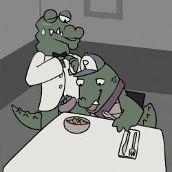 absurd_res alligator alligatorid anthro argon_vile blush bow_tie bub_(later_alligator) clothing crocodilian duo genitals handjob hat headgear headwear hi_res later_alligator male male/male one_eye_closed pat_(later_alligator) penile penis reptile scalie sex