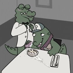 absurd_res alligator alligatorid anthro argon_vile blush bodily_fluids bow_tie bub_(later_alligator) closed_eyes clothing crocodilian cum cum_on_food duo food genital_fluids genitals handjob hat headgear headwear hi_res later_alligator male male/male pat_(later_alligator) penile penis reptile scalie serving_cum sex