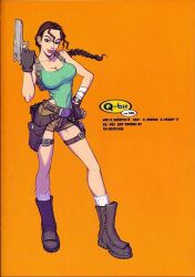 2001 accident_of_lara_croft bag busty comic female female_focus firearm footwear handgun handwear hourglass_figure human koutarou lara_croft lara_croft_(classic) monochrome q-bit tomb_raider volume_5 weapon wide_hips