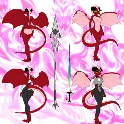 absurd_res anthro armor clothed clothing dragon elodrea_(jackwolf) female green_eyes hi_res horn melee_weapon model_sheet nude pink_body pink_scales polearm red_body red_scales scales scalie solo spear sword wallyroo weapon wings