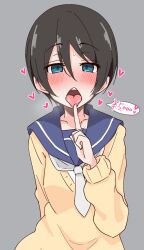 1girls ame_(amechan17391739) blush female female_only looking_at_viewer offering_to_viewer open_mouth oral_invitation pointing_at_mouth saitou_ena school_uniform schoolgirl short_hair tongue_out very_short_hair yurucamp