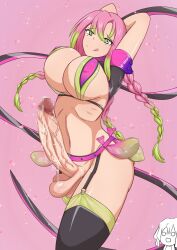 1futa alternate_costume arms_up balls big_breasts big_penis bikini bikini_top black_legwear black_thighhighs bottomless braided_hair braids breasts clothed clothing condom_accessories condom_belt demon_slayer futa_focus futanari garter_straps green_eyes huge_breasts huge_cock human iguro_obanai kanroji_mitsuri kimetsu_no_yaiba light-skinned_futanari light_skin long_hair looking_at_viewer matou666 mole_under_eye mosaic_censoring mostly_nude no_panties penis pink_background pink_hair precum smile solo_focus stockings thick_thighs thighhighs two_tone_hair used_condom veiny_balls veiny_penis