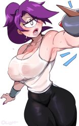 1girls areolae armpits armwear blush breasts cyclops female female_only futurama hi_res lightsource long_hair looking_at_viewer narrowed_eyes nipples nipples_visible_through_clothing pink_lips ponytail purple_hair solo solo_female sweat tank_top turanga_leela white_background white_eyes