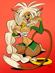 1girls aisha_clanclan animal_ears breasts circlet dark-skinned_female dark_skin female humanoid large_breasts long_hair nipples outlaw_star solo themrock thick_thighs white_hair wide_hips