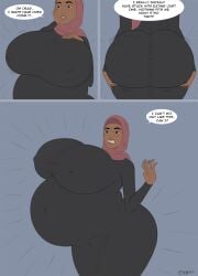 1girls after_vore ass belly big_ass big_belly big_breasts blush breasts bubble_butt comic dark-skinned_female dark_skin dat_ass dialogue english_text enormous_ass enormous_breasts ergos female female_only hand_on_breast hijab holding_ass huge_ass huge_belly huge_breasts implied_vore middle_eastern middle_eastern_female muslim nipple_bulge overweight overweight_female post_vore simple_background skintight solo_female speech_bubble sweat sweatdrop text thick_thighs weight_gain wide_hips