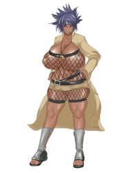 1girls alternate_skin_color breasts coat dark-skinned_female dark_skin female female_only forehead_protector hand_on_hip hips huge_breasts jewelry kings3552 large_breasts mitarashi_anko naruto navel necklace nipples nude open_clothes plump purple_hair solo yellow_eyes