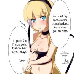 blonde_hair blue_eyes blush breasts elesa_(pokemon) gym_leader headphones human human_only midriff navel nintendo nipples omomuroni pantyhose pokemon pokemon_bw ruku_(alicecreation) short_hair translated