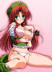 1girls bare_shoulders beret blush bra breast_hold breasts female green_eyes hat hong_meiling lingerie off_shoulder panties red_hair reverse_noise ribbon side-tie_panties sitting solo touhou underwear undressing wariza yamu_(reverse_noise)