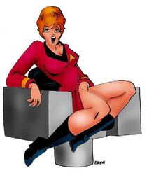 artist_signature boots bryon_ray captain's_chair cleavage female human janice_rand masturbation open_mouth pleasure_face red_shirt star_trek star_trek_the_original_series starfleet_insignia starfleet_uniform text