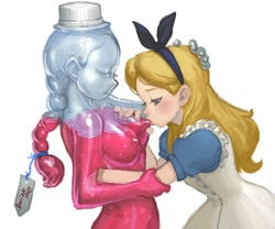 alice_in_wonderland alice_liddell anthro apron blonde_hair blue_eyes blue_skin blush bottle braid breast_sucking breastfeeding breasts dress drinking english female frills hair_ribbon hairband hat head_pat holding label loped multiple_girls nipples petting potion red_skin ribbon rubbing scrunchie simple_background single_braid tag top_hat transparent undershirt water what yuri