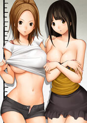 2girls areolae azuki_miho bakuman bare_shoulders black_hair blonde_hair blush bra breast_hold breasts brown_hair cleavage covering covering_breasts female female_only fukurokouji hand_on_shoulder lingerie long_hair looking_at_viewer midriff miyoshi_kaya multiple_girls navel open_fly open_mouth parted_lips shirt_lift short_shorts shorts skirt unbuttoned underboob underwear undressing unzipped