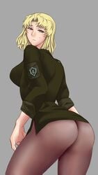 akabi_(alaburu) ass balalaika black_lagoon blonde_hair blue_eyes breasts dat_ass highres looking_back military mole pantyhose short_hair simple_background sweat thighs