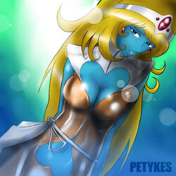 1girls alien aqua_eyes arms_behind_back big_breasts blonde_hair blue_skin bodysuit breasts cleavage cleavage_cutout daft_punk earrings female female_only forehead_jewel headband interstella_5555 jewelry leijiverse lens_flare long_hair navel navel_cutout petykes solo stella_(interstella_5555)