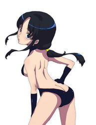 ass ass_cleavage bare_back bent_over black_hair bow breasts butt_crack clothed elbow_gloves female female_only gloves hairbow hand_on_hip human human_only lily_(pokemon) long_hair looking_at_viewer looking_back medium_breasts mijinko one-piece_swimsuit pokemon pokemon_rgby ponytail sideboob simple_background skimpy solo standing swimsuit the_electric_tale_of_pikachu tied_hair white_background