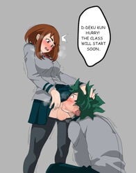 1boy 1futa balls_deep blush brown_hair deepthroat edit fellatio futa_on_male futadom futadom_caption futanari green_hair hand_on_head head_under_skirt izuku_midoriya looking_down looking_up male my_hero_academia n1ghtl1ght nokma ochako_uraraka school_uniform speech_bubble u.a._school_uniform