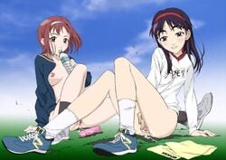 2girls blush bottle bottomless breasts casual clothed_masturbation clothing dildo eri_ninamori flcl footwear group_masturbation mamimi_samejima masturbation medium_breasts multiple_girls nipples open_clothes open_shirt outdoors public pussy pussy_juice shirt sneakers socks spread_pussy uncensored