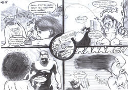 1girls 2boys batman batman_(series) blacktortoise breasts comic dc_comics dialogue female justice_league male monochrome naked_female nipples speech_bubble superhero superheroine superman superman_(series) wonder_woman wonder_woman_(series)