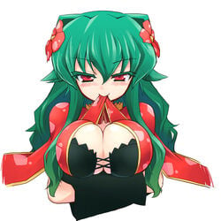 1girls blush breasts cleavage female flower green_hair hair_flower hair_ornament homura_subaru huge_breasts mouth_hold naughty_face nintendo personification pocket_princesses pokémon_(species) pokemon pokemon_rgby red_eyes solo venusaur