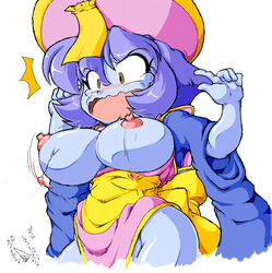 1girls big_breasts blue_skin blush capcom chibi clothed clothing darkstalkers embarrassed embarrassed_nude_female enf hirose_tsunami hsien_ko jiangshi large_breasts lei-lei lei_lei nipples shocked solo tagme wardrobe_malfunction