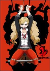 angry ann_takamaki arms_above_head arms_up ass_visible_through_thighs blonde_hair blue_eyes blush bondage cameltoe eye_contact femsub forced_presentation gag gagged legs_apart legs_held_open looking_at_viewer marxinato medium_breasts open_mouth_gag pantylines persona persona_5 ring_gag short_skirt spread_legs spreader_bar twintails visible_underwear