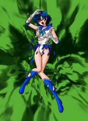 1girls ami_mizuno bishoujo_senshi_sailor_moon blue_hair boots breasts clothing clothing_disintegration female female_only gloves h@ruki leotard nipples sailor_mercury small_breasts solo tagme torn_clothes torn_clothing