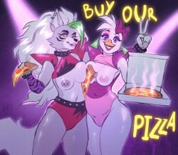 2girls big_breasts breasts female five_nights_at_freddy's five_nights_at_freddy's:_security_breach food_between_breasts glamrock_chica_(fnaf) multiple_girls peace_sign pizza roxanne_wolf_(fnaf) tagme