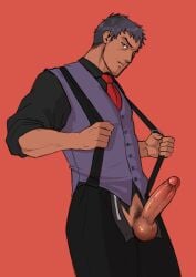 balls boner booty_electric dojima_ryotaro erection facial_hair male male_only muscles muscular penis penis_out persona_4 solo solo_male suspenders