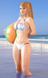 1girls beach beach_ball bikini blonde_female blonde_hair blue_eyes cleavage gooddavy large_breasts long_hair metroid nintendo ponytail pool samus_aran seaside standing_in_water