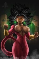 abs angry artist_logo big_breasts black_hair blood bright_pupils caulifla dragon_ball dragon_ball_gt dragon_ball_super dragon_ball_z elitenappa featureless_breasts fit fit_female fusion gold_accessory hi_res kale kefla long_hair looking_at_viewer nipples nude potara_earrings potara_fusion pussy red_fur scars solo super_saiyan_4 tail yellow_eyes