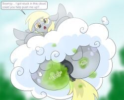 anus blonde_hair cloud dendollae derpy_hooves dock ears_down english_text equid equine eyelashes fart fart_cloud fart_fetish female friendship_is_magic grey_body hair hasbro looking_down mammal my_little_pony onomatopoeia open_mouth pegasus pivoted_ears puffy_anus sound_effects text wings yellow_tail