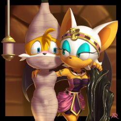 1boy1girl anthro blush blushing bulge canid canine chiropteran clothed clothing dominant_female duo egyptian_clothing erection female femdom fox gag gagged hi_res male malesub mammal radasus rouge_the_bat rubber rubber_clothing rubber_suit sega sonic_(series) sonic_the_hedgehog_(series) submissive_male tails tape_gag wings