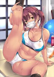 arm_support ball bangs bikini black_legwear blue_bikini bottle breasts brown_eyes brown_hair cleavage collarbone exercise_ball female hair_between_eyes indoors kneehighs large_breasts leg_up long_hair looking_at_viewer mask mizuhara_yuu mouth_mask navel on_floor original sitting split sports_bikini sports_bra sportswear surgical_mask sweat swimsuit tan towel twintails two-tone_bikini white_bikini white_mask