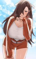 alternate_costume braid breasts brown_eyes brown_hair cleavage covered_nipples exercise female fire_emblem fire_emblem_fates grin hair_over_one_eye heavy_breathing highres huge_breasts jacket kagero_(fire_emblem) leaning_forward long_hair open_clothes open_jacket oyatsu_0 shorts smile solo sweat thighs very_long_hair