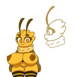 antennae_(anatomy) anthro arthropod bee big_breasts breasts eyebrows female fur genitals hi_res hymenopteran insects kouh pussy smile solo yellow_body yellow_fur