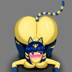 2022 adshtorm animal_crossing ankha ass big_ass big_breasts blue_hair breasts furry grey_background nintendo yellow_body