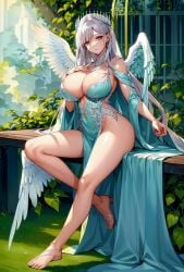 2023 ai_generated angel angel_wings big_breasts blue_eyes curvy_figure female_focus female_only heaven highres long_hair seductive_look stable_diffusion voluptuous_female white_hair