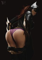 3d ass ass_focus barbara_gordon batgirl batgirl_(arkham_knight) batman:_arkham_knight batman_(series) big_ass big_breasts big_butt dc dc_comics female female_focus female_only green_eyes lace-trimmed_panties looking_back mask masked_female panties pants pants_down pink_panties posing red_hair solo solo_female suit superheroine thighs underwear viewed_from_behind youngiesed