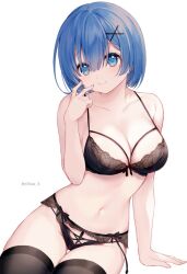 1girls belly_button black_panties black_pantyhose black_thighhighs blue_eyes blue_hair breasts chest eikaa lingerie looking_at_viewer navel oni oni_female panties re:zero_kara_hajimeru_isekai_seikatsu rem_(re:zero) smiling solo solo_female teenage_girl teenager thighhighs thighs white_background