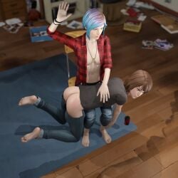 2girls 3d ass bare_ass bedroom blender blue_hair bondage brown_hair chloe_price discipline dominant_female dyed_hair femdom indoors jeans kinkblink life_is_strange max_caulfield multiple_girls naughty nude over_the_knee over_the_knee_spanking plaid_shirt punishment punk slapping_butt spank_marks spanked_butt spanking square_enix submissive video_games yuri