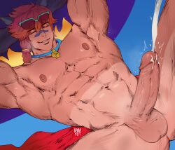 1boy animal_ears armpits arms_up bara barayot closed_eyes cum ejaculation erection league_of_legends looking_at_viewer male male_only muscular muscular_male penis ponytail pool_party_series pool_party_sett red_hair sett smile solo sunglasses_on_head sweat tan_skin uncensored veiny_penis whistle_around_neck