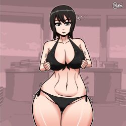 big_breasts bikini black_eyes black_hair breasts cleavage female female_only hokage_office indoors legs_together long_hair midriff naruto naruto_(series) naruto_shippuden nipples normi puffy_nipples shizune side-tie_bikini swimsuit thick_thighs voluptuous