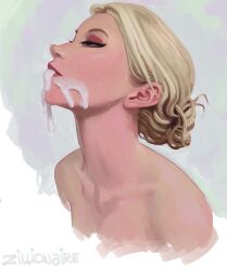 1girls blonde_hair cum cum_in_mouth cum_on_face cumdrip disney elsa_(frozen) eyeshadow facial frozen_(film) highres makeup solo zillionaire