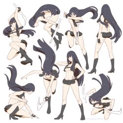 1girls action_pose alternate_costume black_boots black_hair blue_eyes boots breasts bubble_ass bubble_butt cleavage confident crouching different_angle different_poses fingerless_gloves flipping fringe full_body gymnastics half_naked high highres kill_la_kill kiryuuin_satsuki kneeling long_hair multiple_poses multiple_views nudist_beach_uniform smile smiling somersault sword teenager vest wide_hips