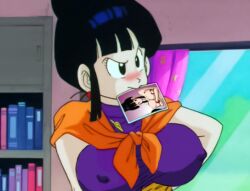 accurate_art_style angry artist_request big_breasts black_hair blush blushing breasts chichi dragon_ball dragon_ball_z earrings erect_nipples erect_nipples_under_clothes hair_bun milf naughty_turtle nipples nipples_visible_through_clothing photo_(object) red_earrings scarf screencap screenshot_edit source_request