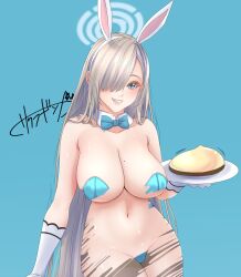 animal_ears aqua_leotard asuna_(blue_archive) asuna_(bunny)_(blue_archive) blue_archive blue_background blue_bow blue_bowtie blue_leotard bow bowtie breasts bunny_ears detached_collar fake_animal_ears female food gloves hair_over_one_eye halo highres holding holding_food large_breasts leotard light_brown_hair mole mole_on_breast navel playboy_bunny rabbit_ears sakuraginga solo strapless strapless_leotard torn_clothes torn_legwear white_gloves